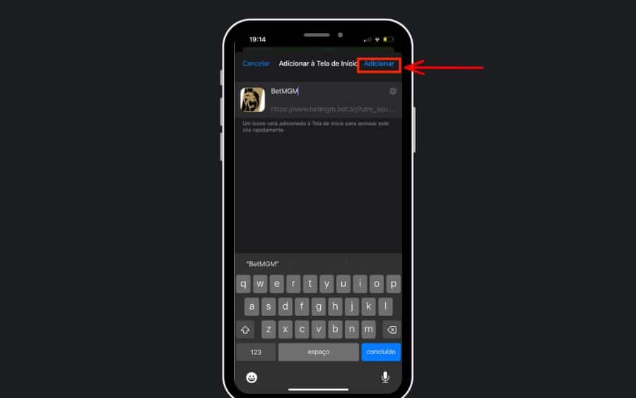 Tela de confirmação para adicionar o atalho ‘BetMGM’ na Tela de Início do iPhone, com o botão ‘Adicionar’ destacado.