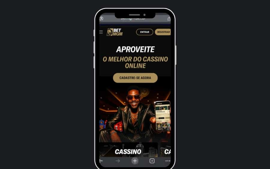 Site oficial da BetMGM Brasil aberto no Safari do iPhone, com botões Entrar e Registrar no topo.
