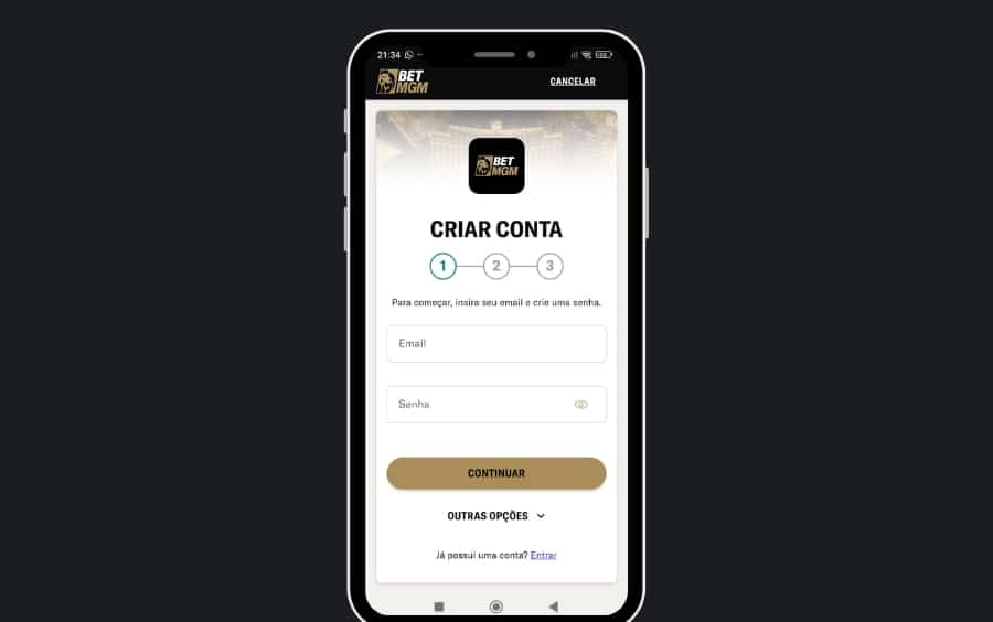 Tela de cadastro da BetMGM no celular com formulário para criar conta usando e-mail e senha.