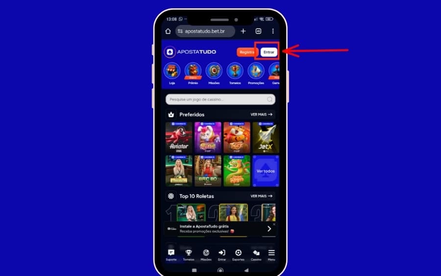 Página da ApostaTudo no celular com o botão “Entrar” no canto superior direito para acessar a conta.