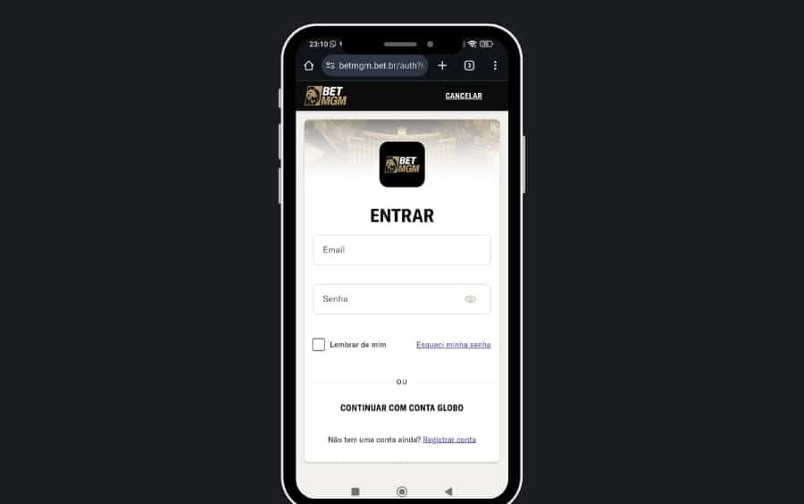 Formulário de login mobile da BetMGM com campos para preenchimento de e-mail e senha, opção "Lembrar de mim", link para recuperação de senha e o botão alternativo "CONTINUAR COM CONTA GLOBO"