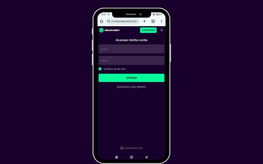 Tela de login da MaximaBet para acessar a conta e participar do cashback cassino ao vivo MaximaBet