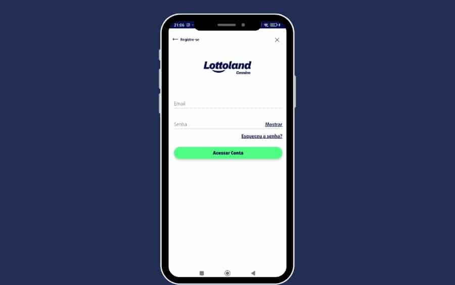 Janela de login da Lottoland no celular com campos para e-mail/CPF e senha, incluindo a opção “Mostrar” para visualizar a senha.