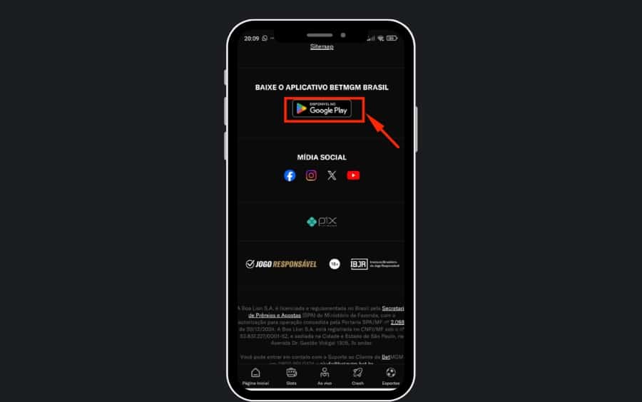 Rodapé do site da BetMGM Brasil com o botão do Google Play destacado para baixar o app.