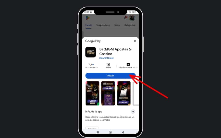 Página do app BetMGM no Google Play com o botão Instalar em destaque para concluir a instalação.