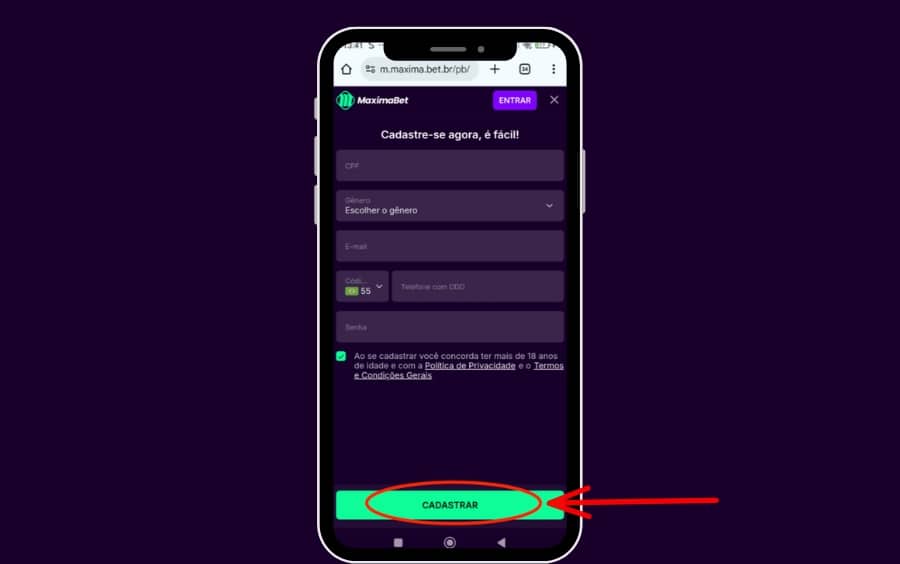 Cashback 10% MaximaBet: tela do app com botão “Cadastrar” para criar conta e fazer login antes de participar da promoção.
