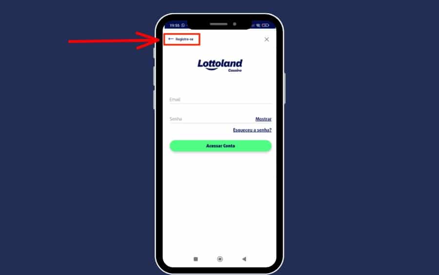 Janela de acesso da Lottoland no celular com campos de e-mail e senha e opção “Registre-se” destacada para iniciar o cadastro lottoland.