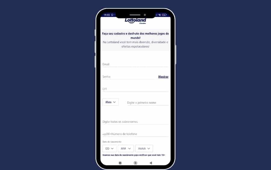 Formulário de cadastro da Lottoland no celular exibindo campos de e-mail, senha, CPF, nome, telefone e data de nascimento (18+).