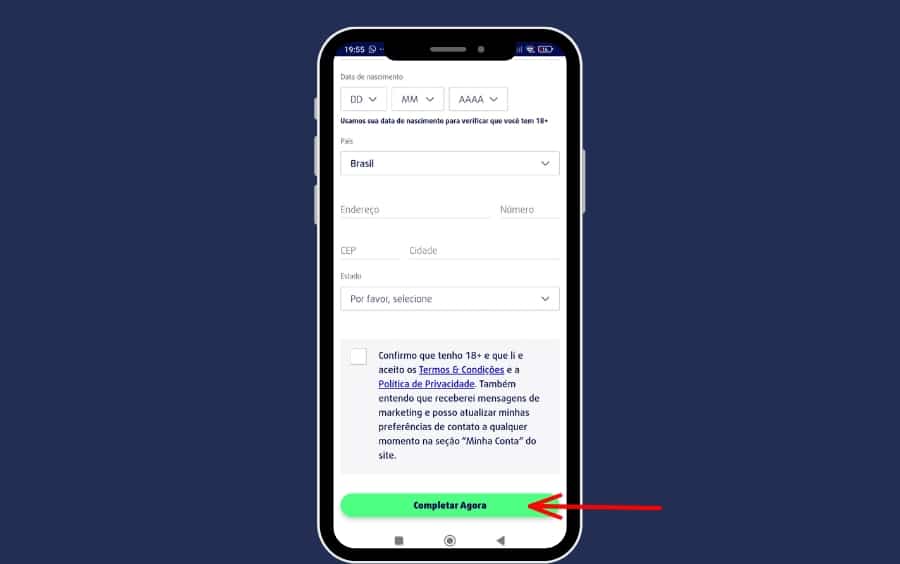 Etapa final do cadastro lottoland com campos de endereço, checkbox de maioridade/termos e botão “Completar Agora” para concluir o registro.