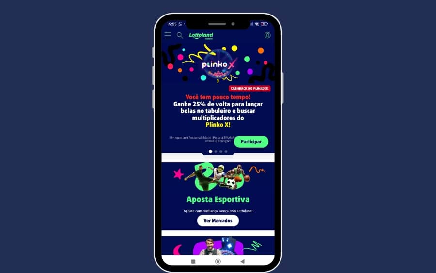 Tela inicial da Lottoland no celular com banner do PlinkoX e destaque para Aposta Esportiva na versão mobile.