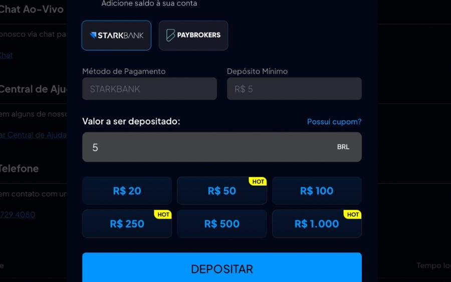 Tela de depósito no ApostaTudo com opção Pix e valor mínimo, para adicionar saldo real na carteira.