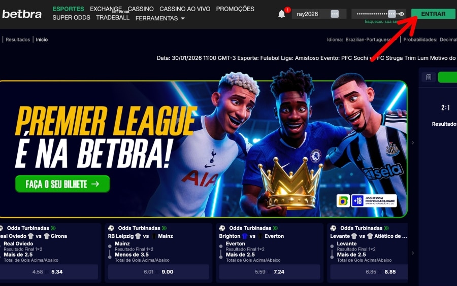 Botão verde “ENTRAR” no topo da Betbra para acessar a área logada e visualizar saldo e jogos.