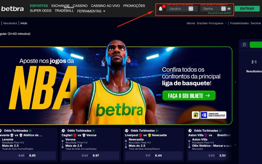 Campos de Usuário e Senha no topo da página inicial da Betbra para fazer login na conta.