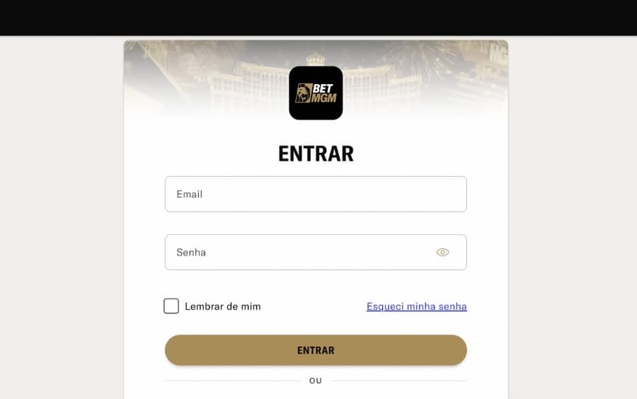 Tela de login da BetMGM com campos para e-mail e senha e botão para confirmar o acesso.
