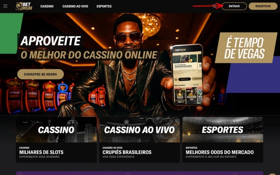 Página inicial da BetMGM com o botão “Entrar” visível no topo para acessar a conta.