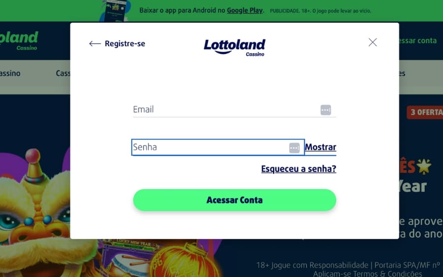 Janela de login da Lottoland com campos para e-mail e senha para acessar a conta.