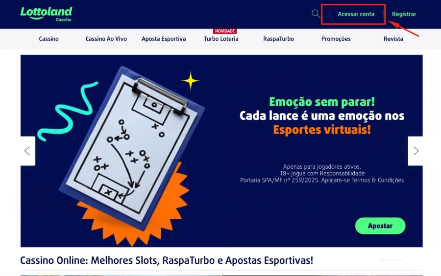 Topo do site da Lottoland com o botão “Acessar conta” destacado no canto superior direito.
