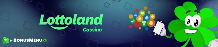 Banner do Lottoland App destacando o aplicativo para Android na Google Play e acesso no iPhone, com chamadas para loterias, apostas e cassino online.