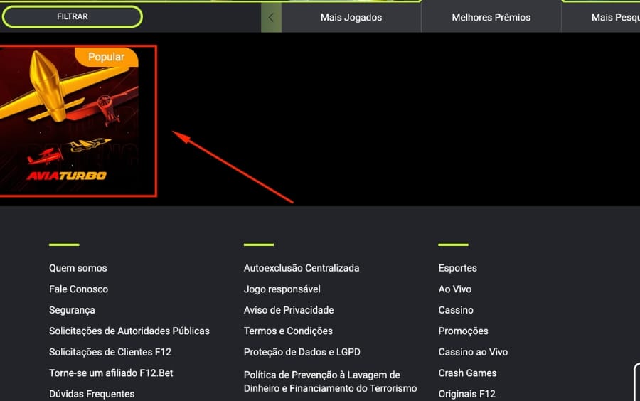 Torneio Aviaturbo F12Bet: jogo Aviaturbo destacado no lobby do cassino F12.bet para abrir e começar a jogar.