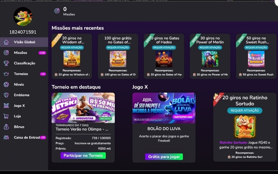 Painel do Clube VIP Luva.bet mostrando missões, torneios em destaque e níveis do programa de fidelidade