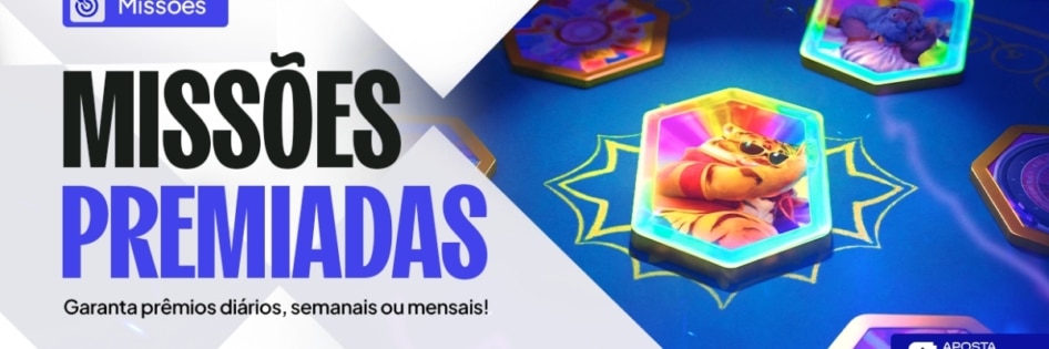 Banner das Missões Premiadas no ApostaTudo, com desafios por tempo e botão de participar e resgatar recompensas.