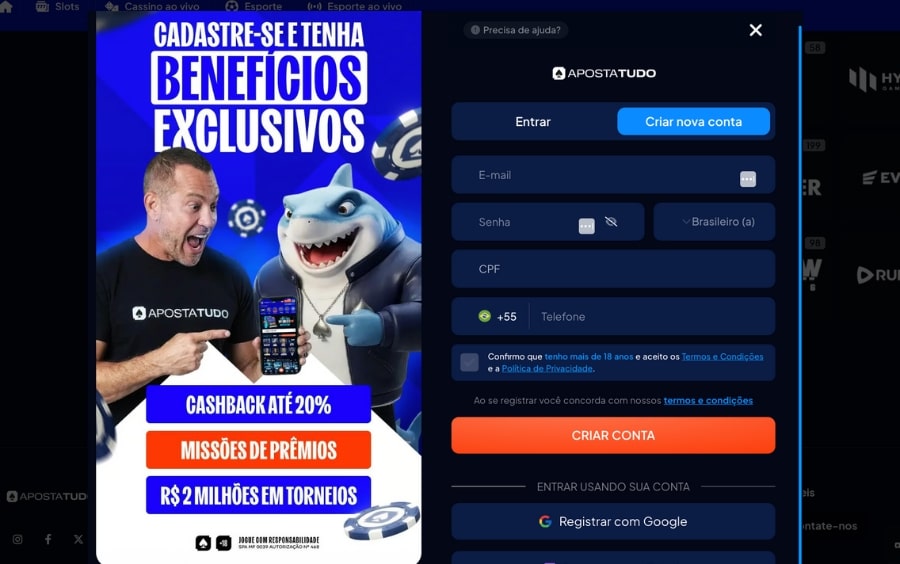 Insira seu CPF e E-mail: Formulário do Cadastro ApostaTudo para preencher CPF e e-mail e criar a conta.