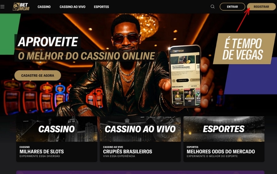 Página inicial da BetMGM com o botão “REGISTRAR” destacado no canto superior direito.