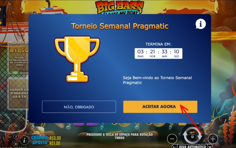 Janela do Torneio Semanal Pragmatic na PlayUZU com botão “Aceitar agora” nos Torneios Pragmatic PlayUZU.