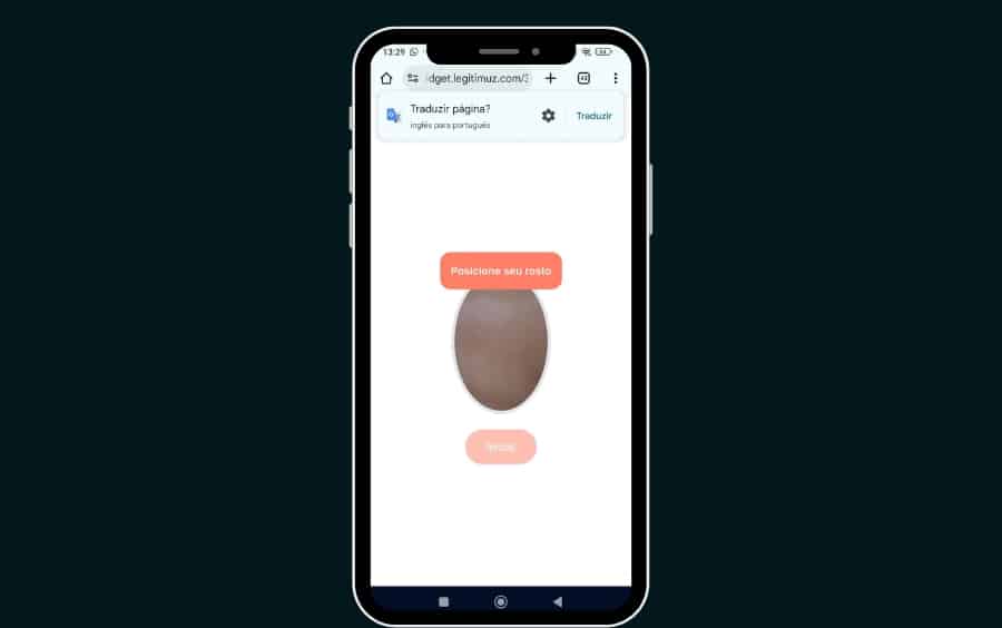 Realize o Reconhecimento Facial: Etapa de selfie/biometria com instrução para posicionar o rosto na moldura e seguir o reconhecimento facial.