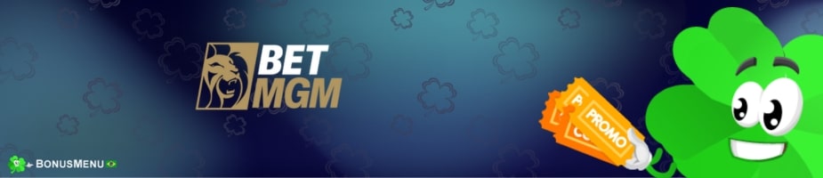 Banner do Código Promocional BetMGM com logo BetMGM e mascote verde segurando cupons “PROMO” na tela de bônus.