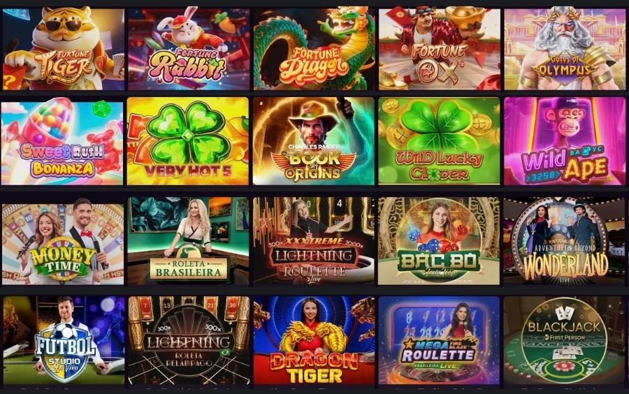 Grade de jogos da Luva.bet com slots coloridos e mesas de cassino ao vivo usados para acumular pontos no Clube VIP