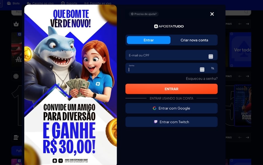 Informe seus dados de acesso: Tela de login do ApostaTudo com campos para e-mail ou CPF e senha do cadastro.
