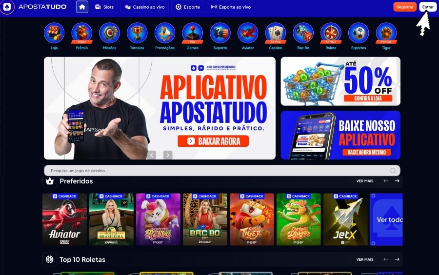 Acesse a área de login: Página inicial do ApostaTudo destacando o botão “Entrar” para acessar a conta.