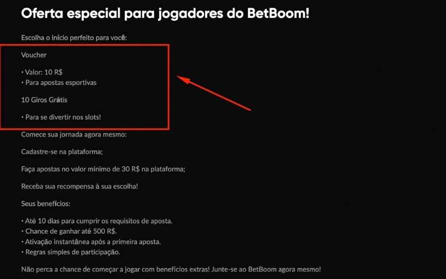 Página da promoção Oferta especial para jogadores do BetBoom com caixa em destaque explicando as duas opções de bônus: voucher de R$ 10 ou 10 giros grátis em slots.