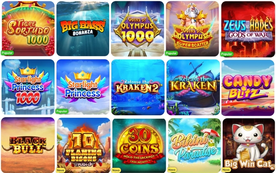 Lobby de slots do PlayUZU com Big Bass Bonanza em destaque para usar os 50 giros grátis da promoção