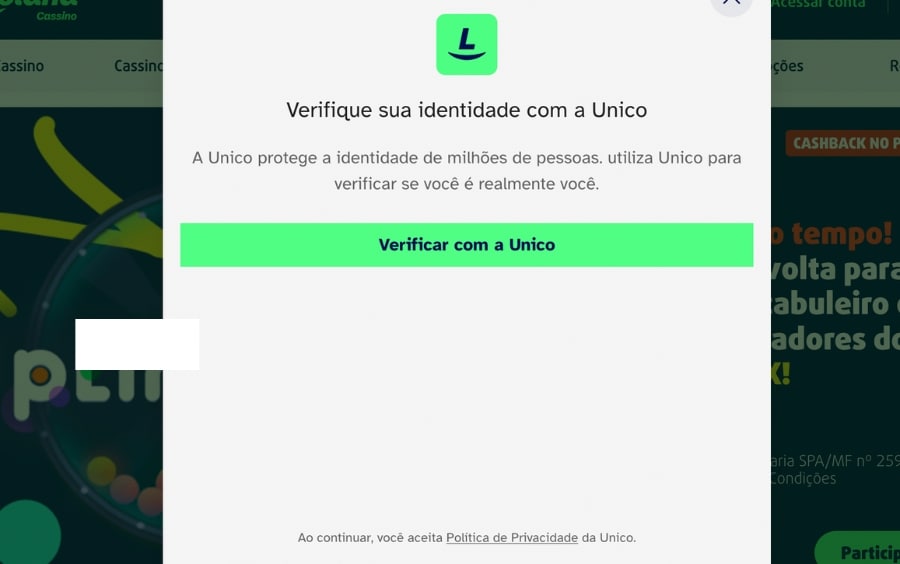 Tela de “Ambiente seguro” da Lottoland com botão verde “Verificar com a Unico” para iniciar a verificação de identidade.