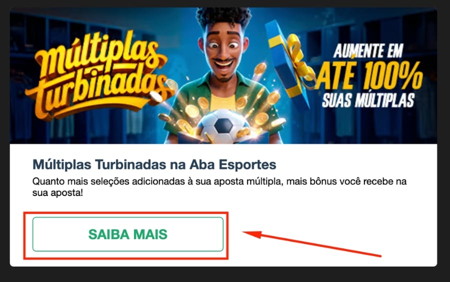 Banner Múltiplas Turbinadas na aba Esportes com botão Saiba mais para ver o regulamento do bônus