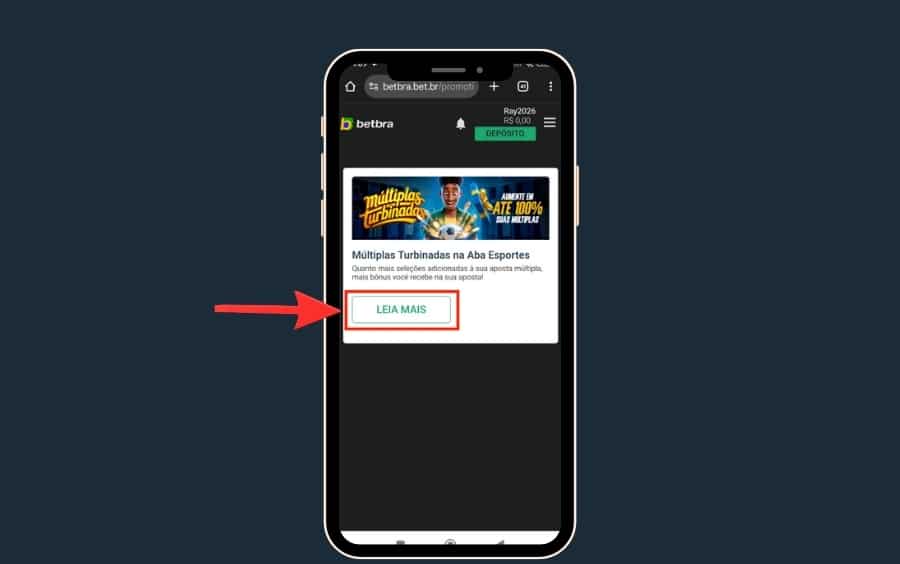 Página de promoções da Betbra no celular com o botão “Leia mais” destacado para abrir detalhes e termos da campanha.