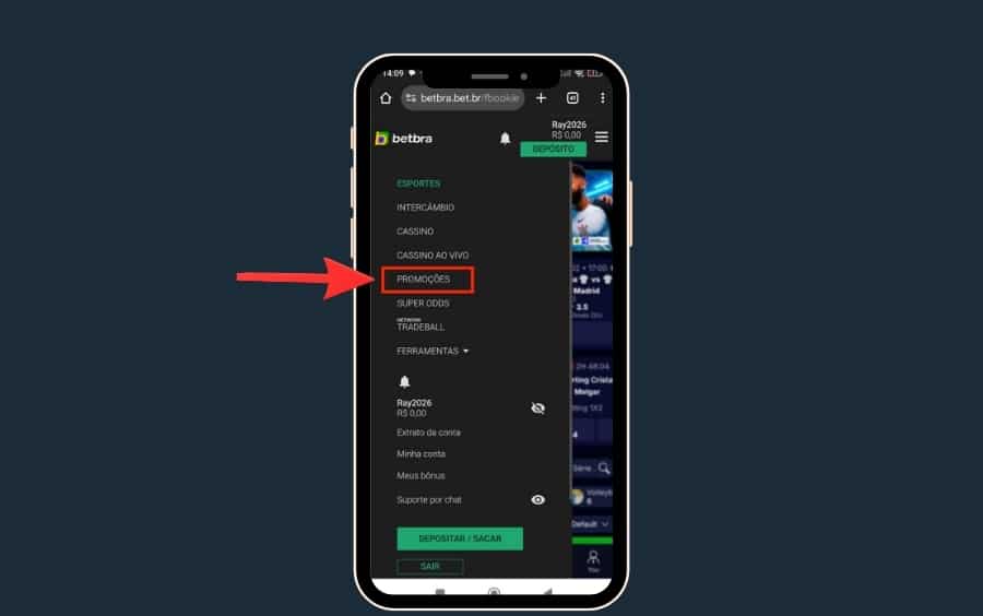 Menu lateral da Betbra no celular com a opção “Promoções” destacada para acessar as campanhas.
