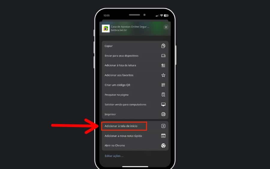 Menu do navegador com a opção “Adicionar à tela de início” selecionada para criar atalho da Betbra.