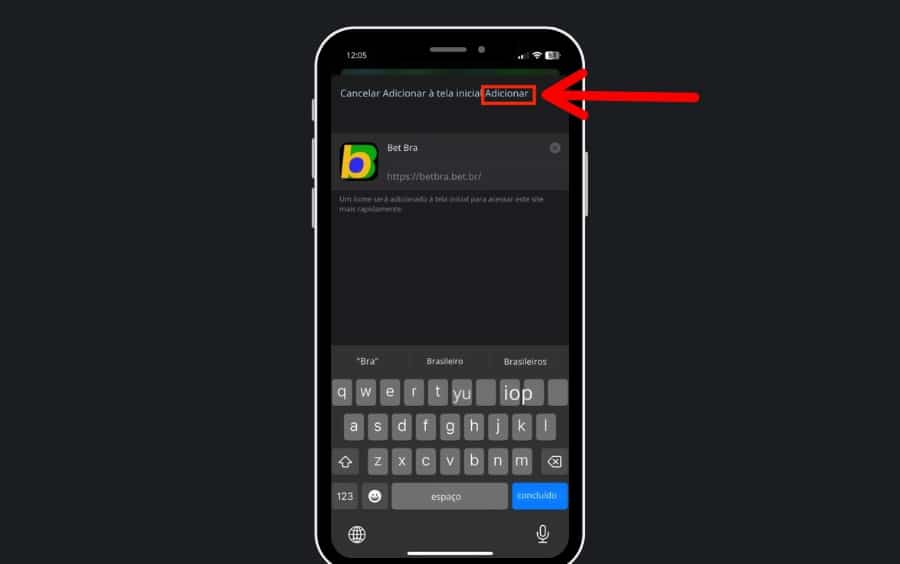 Tela de confirmação para adicionar o atalho da Betbra na tela inicial, com o botão “Adicionar” destacado.