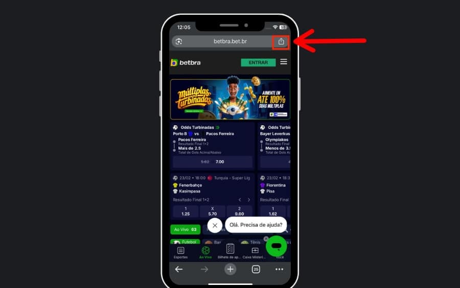 Site da Betbra no celular com o botão de compartilhar destacado para abrir o menu do navegador.