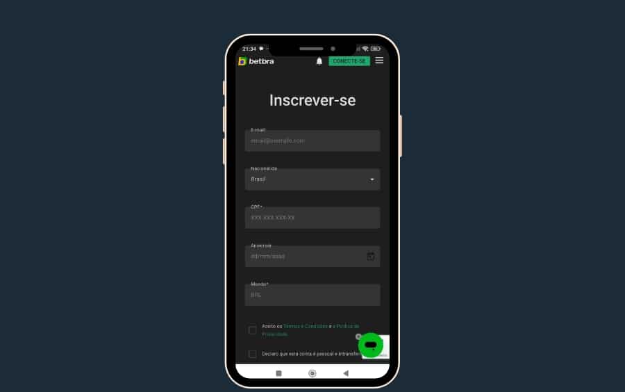Tela de cadastro da Betbra no celular, com formulário “Inscrever-se” para preencher e criar a conta.