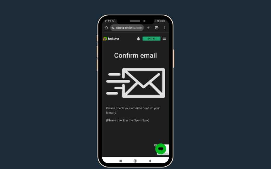 Tela “Confirmar e-mail” da Betbra no celular solicitando verificar a caixa de entrada para concluir o cadastro.