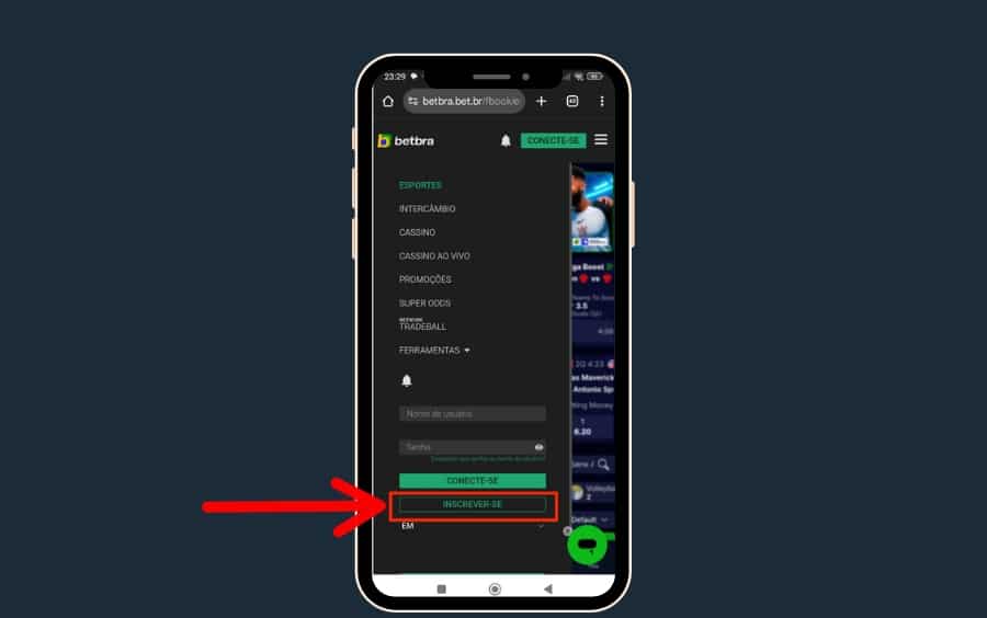 Menu mobile da Betbra com o botão “Inscrever-se” destacado para iniciar o cadastro.