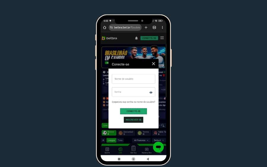 Janela de login da Betbra no celular com campos “Nome de usuário” e “Senha” e botão “CONECTE-SE”