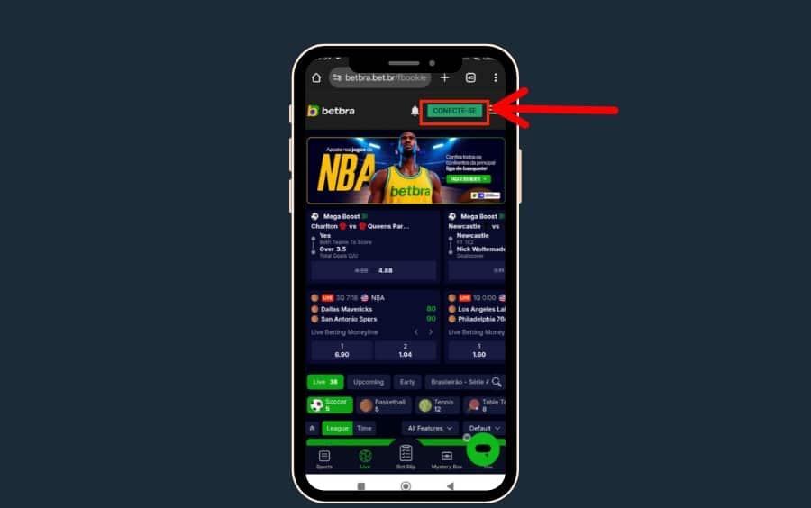 Tela inicial da Betbra no celular destacando o botão “CONECTE-SE” no topo para fazer login.