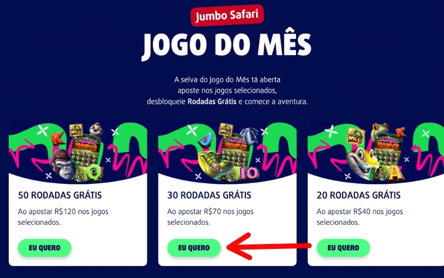 Acesse o site oficial ou o app Lottoland: página “Jogo do Mês” com opções de 20, 30 e 50 rodadas grátis e botão “EU QUERO” para selecionar o pacote.