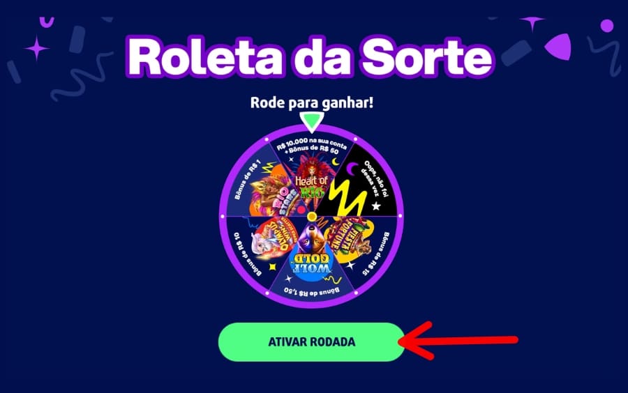 Página da Roleta da Sorte com seta indicando o botão verde “ATIVAR RODADA” para girar e concorrer aos prêmios.