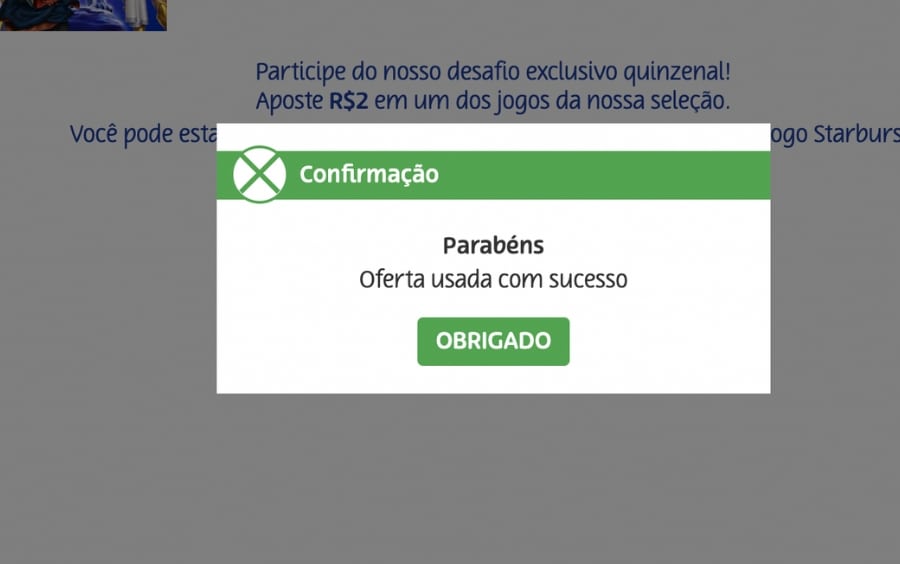 Confirmação do PlayUZU após clicar em “Cadastrar”: “Parabéns — oferta usada com sucesso”.